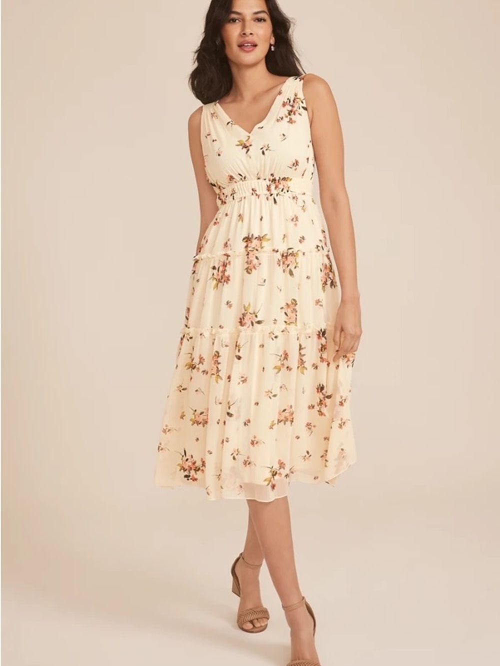 Nwot Maurices Cream Floral Tiered Midi Dress